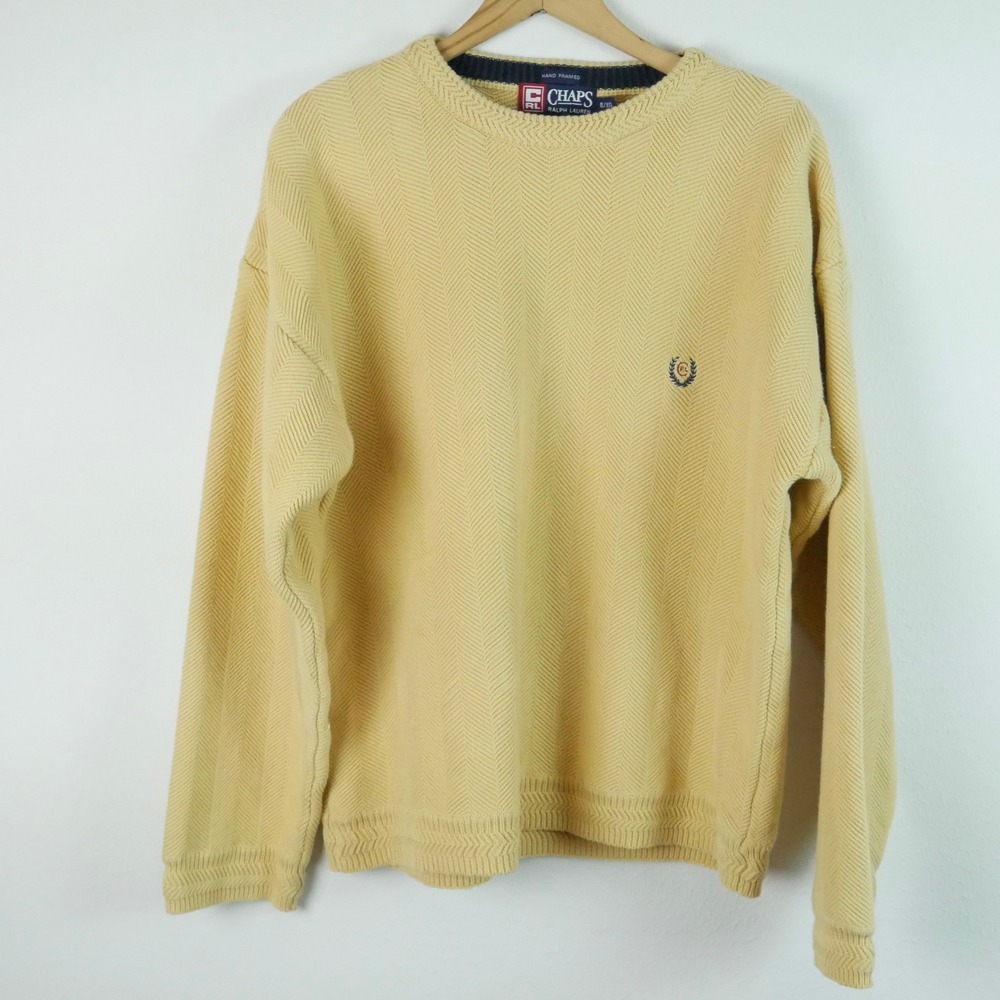 Chaps Ralph Lauren Vintage Butter Yellow Chunky Knit Cotton Sweater XL Crewneck